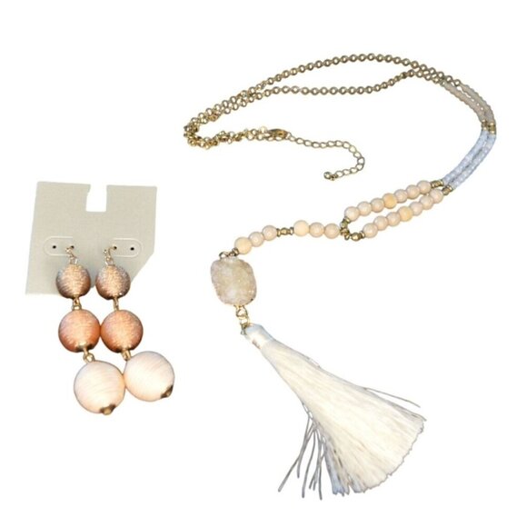 New Boho Tassel Necklace & Earrings Set With Natural Stone Accents - Picture 1 of 12